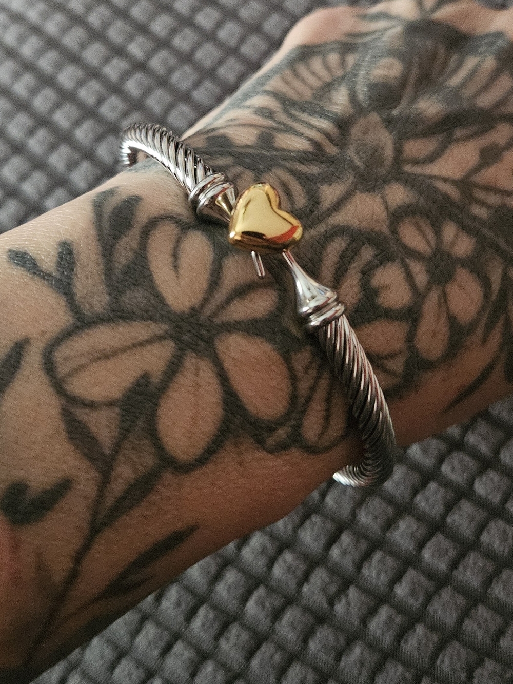 Gold Heart Accent Two-Tone Cable Bangle Bracelet
